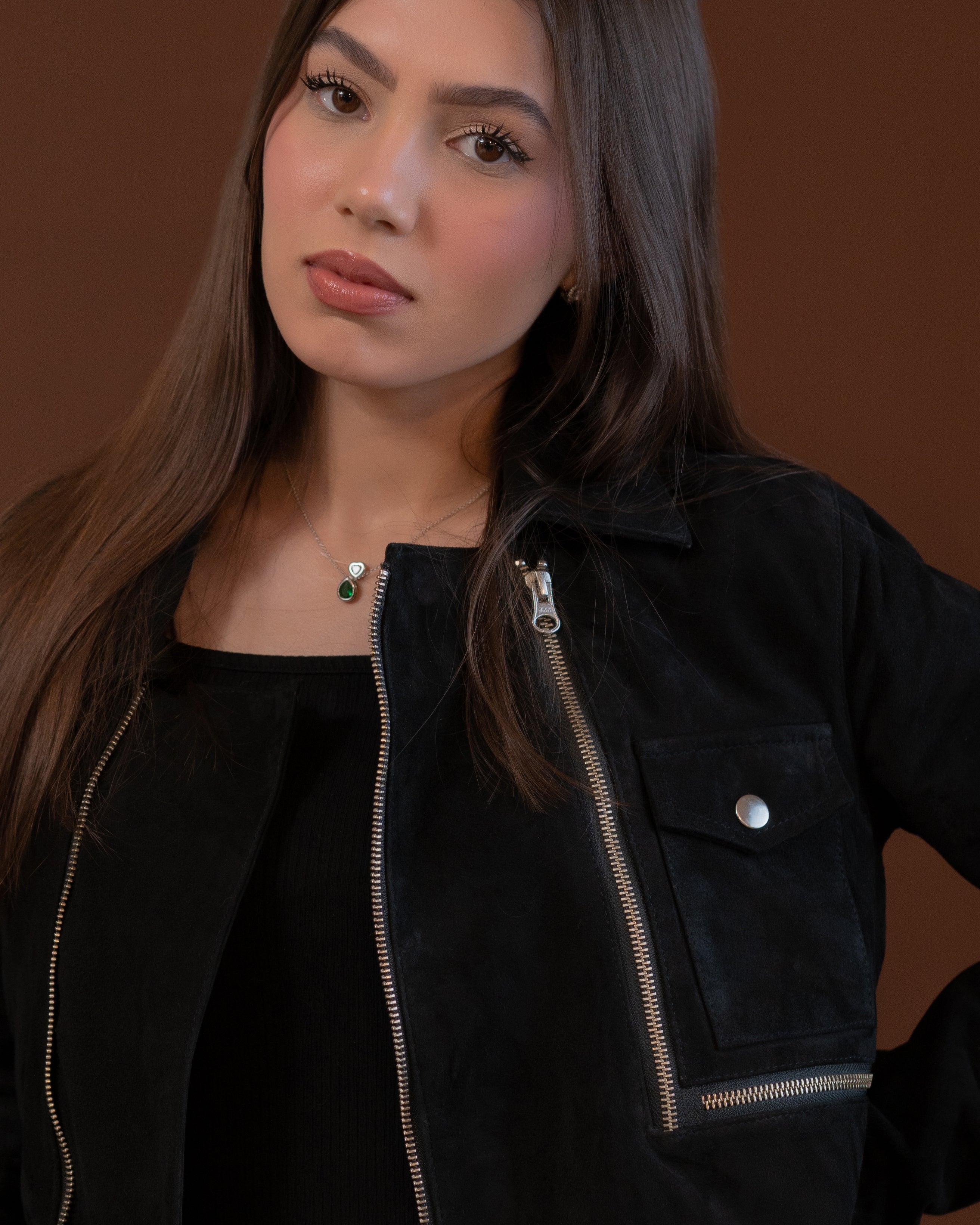 Crew Neck Leather Jacket